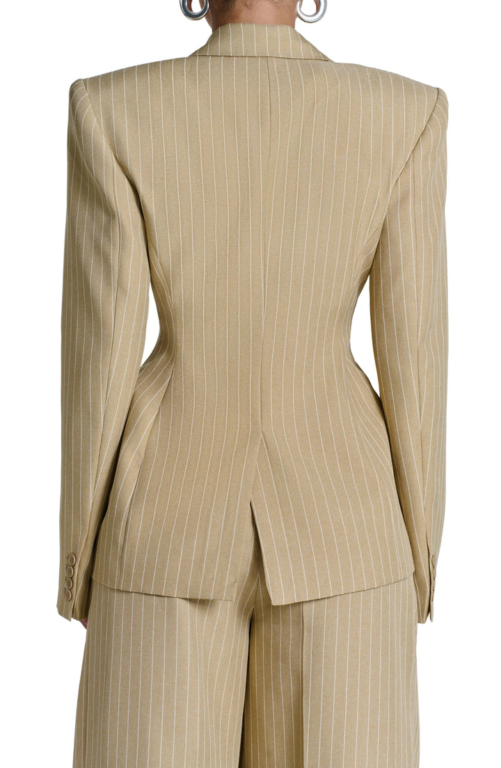 solovedress Beige Striped Single Buttons Business Women Blazer