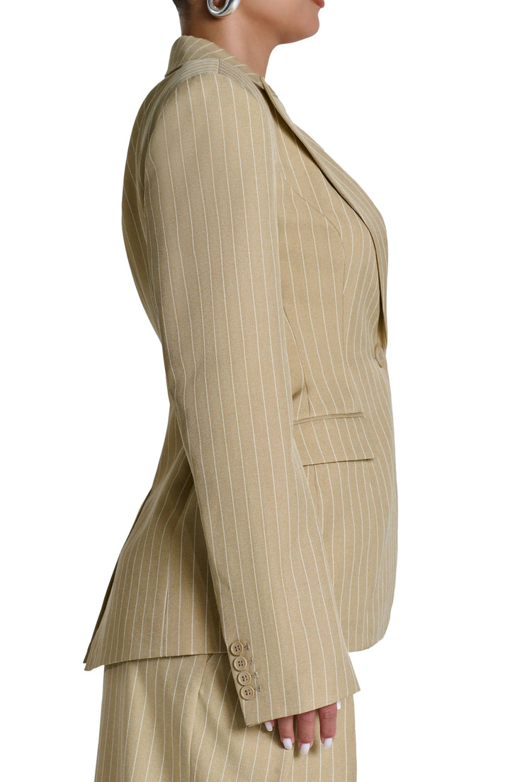 solovedress Beige Striped Single Buttons Business Women Blazer