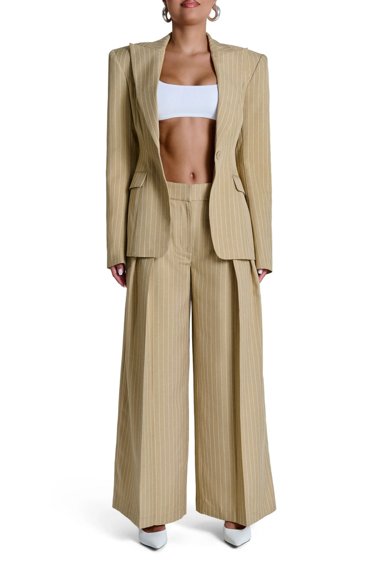 solovedress Beige Striped Single Buttons Business Women Blazer