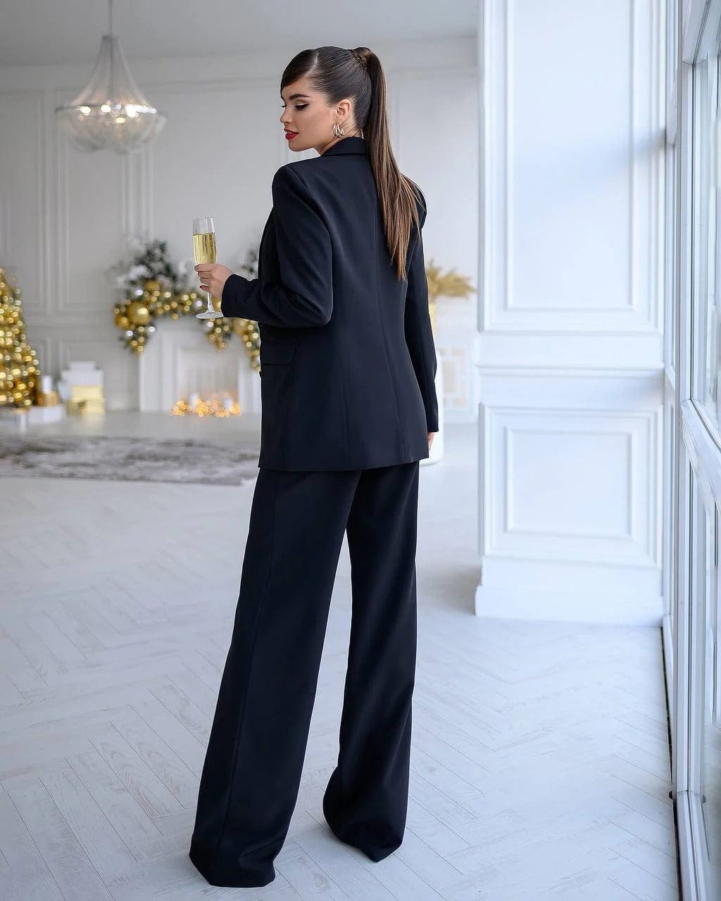 solovedress Black 2 Piece Double Breasted Slim Business Women Suit (Blazer+Pants)