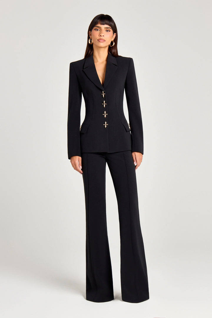 solovedress Black 2 Piece Gold Single Breasted  Casual Women's Suit (Blazer+Pants)