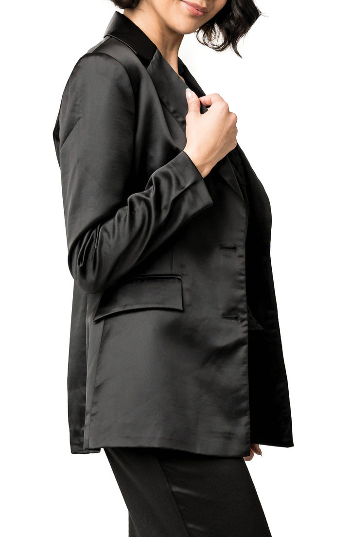solovedress Black 2 Piece Notch Lapel Double Buttons Business Casual Satin Women's Suit