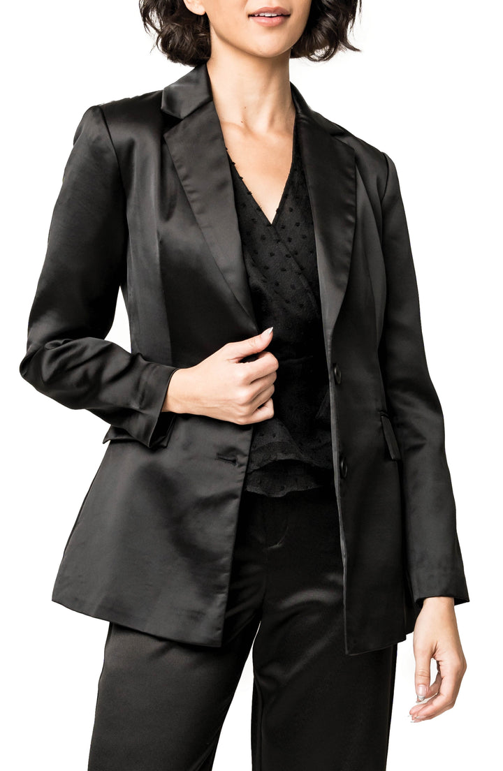solovedress Black 2 Piece Notch Lapel Double Buttons Business Casual Satin Women's Suit