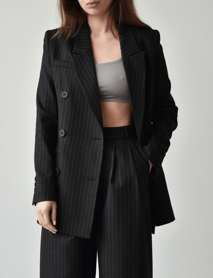 solovedress Black 2 Piece Peak Lapel Double Breasted Wide Leg Pants Casual Striped Women's Suit