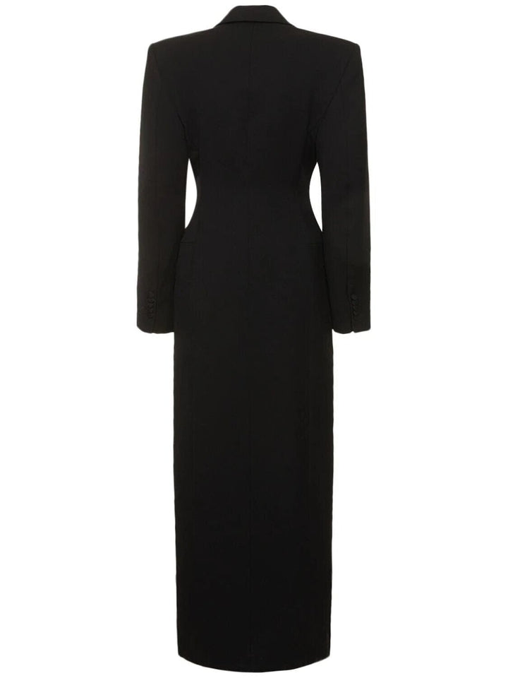 solovedress Black Double-Breasted Long Blazer Coat for Womens with Satin Lapel