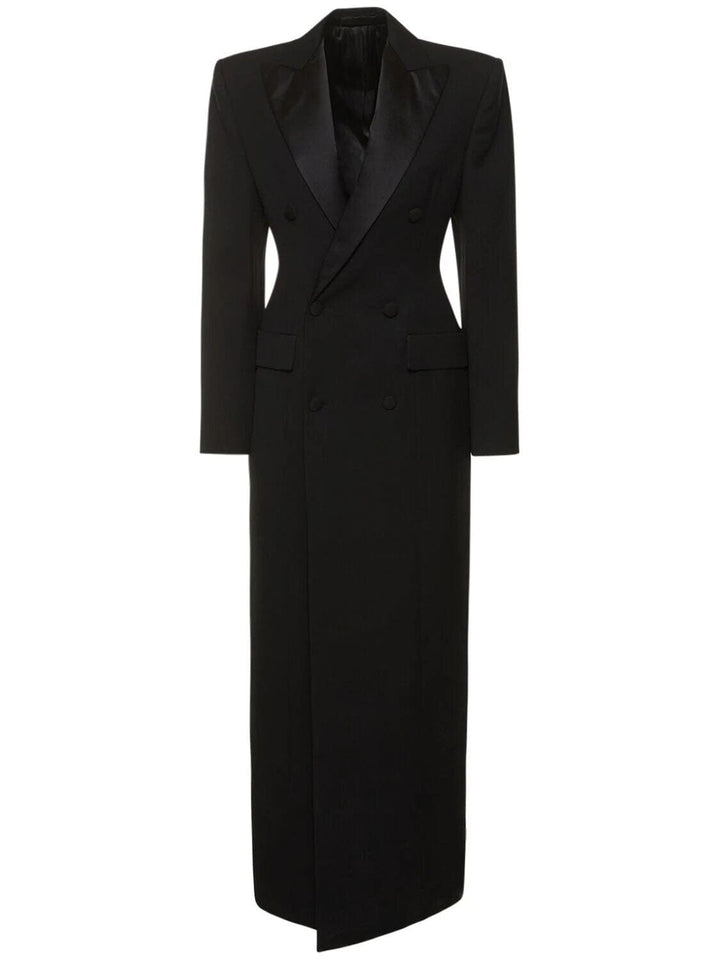 solovedress Black Double-Breasted Long Blazer Coat for Womens with Satin Lapel