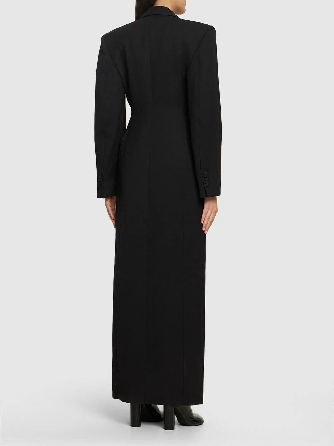 solovedress Black Double-Breasted Long Blazer Coat for Womens with Satin Lapel