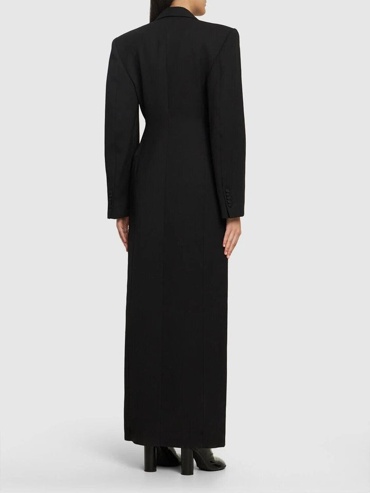 solovedress Black Double-Breasted Long Blazer Coat for Womens with Satin Lapel