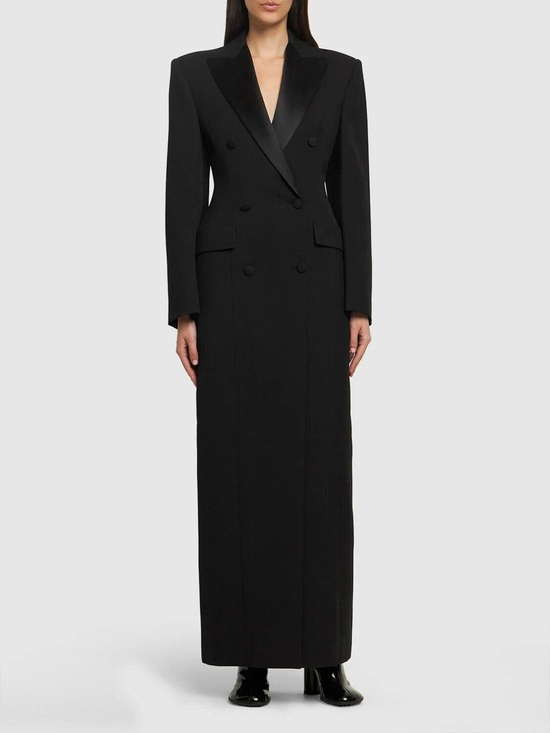 solovedress Black Double-Breasted Long Blazer Coat for Womens with Satin Lapel