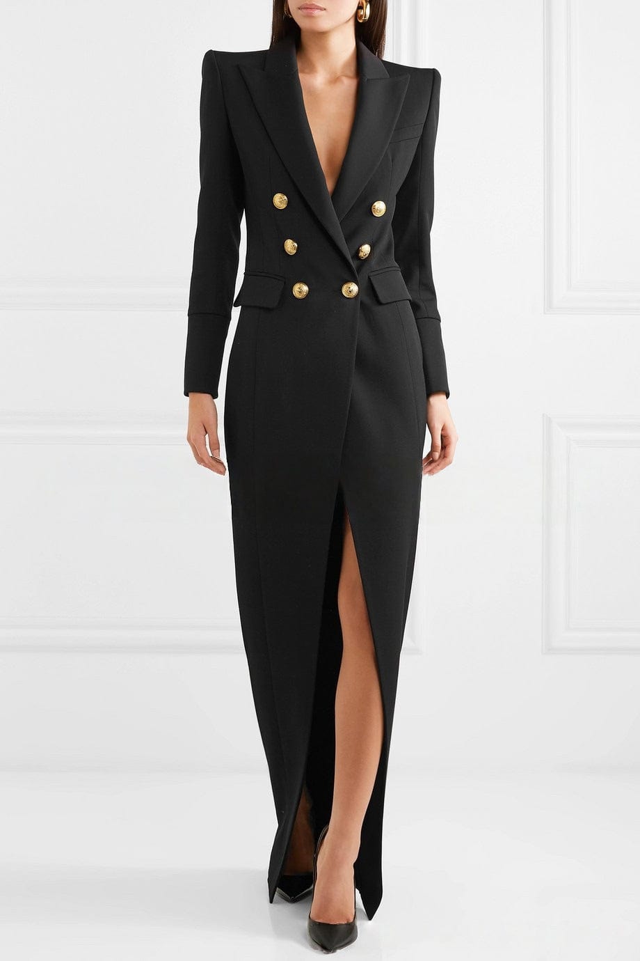 solovedress Black Double-Breasted Long Blazer Dress for Women – Elegant Evening Party Outfit