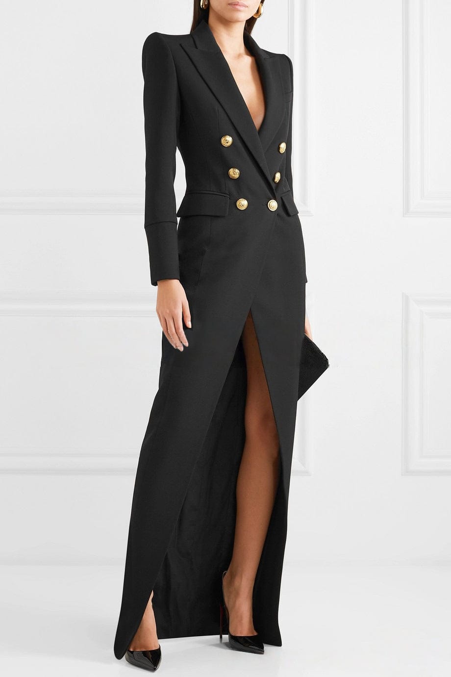 solovedress Black Double-Breasted Long Blazer Dress for Women – Elegant Evening Party Outfit