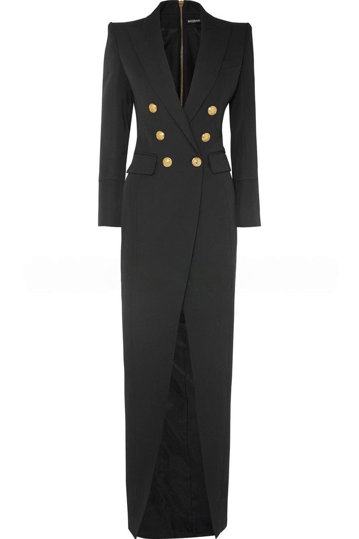 solovedress Black Double-Breasted Long Blazer Dress for Women – Elegant Evening Party Outfit