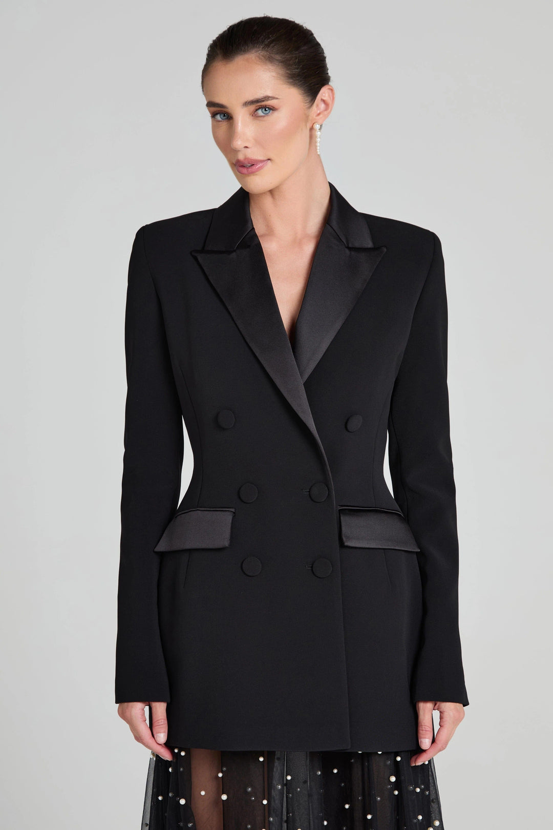solovedress Black Double Breasted Satin Lapel Women Blazer