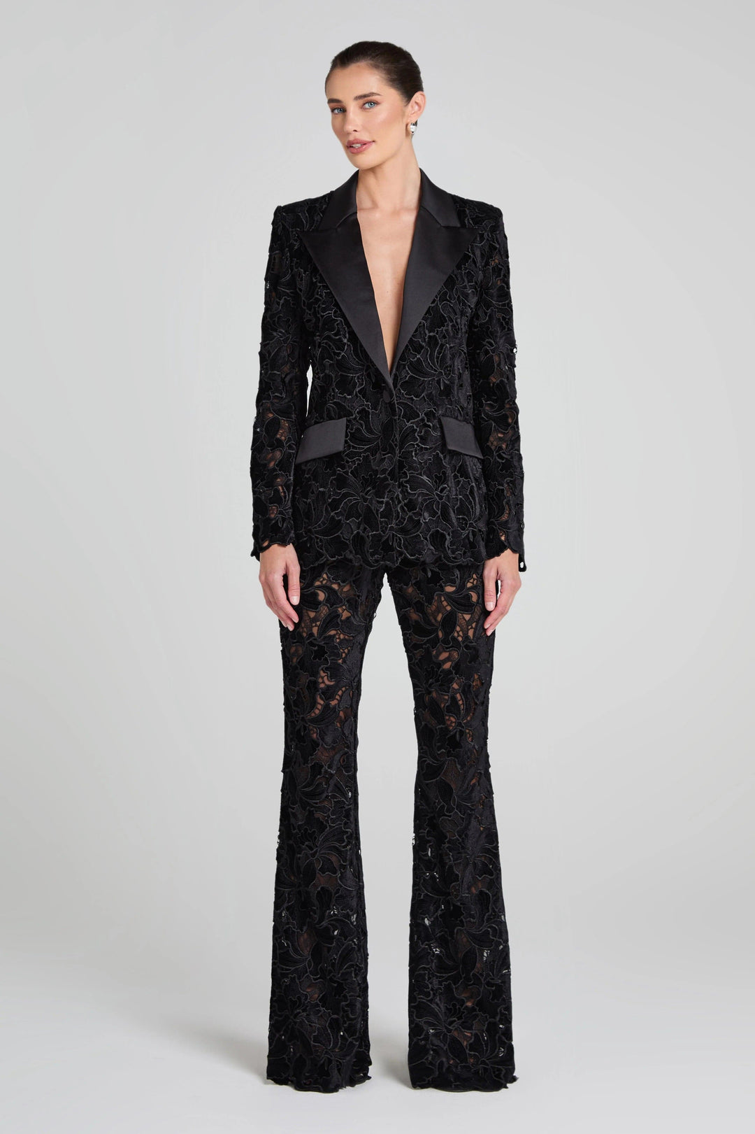 solovedress Black Lace Two-Piece Women’s Suit with Notch Lapel Blazer