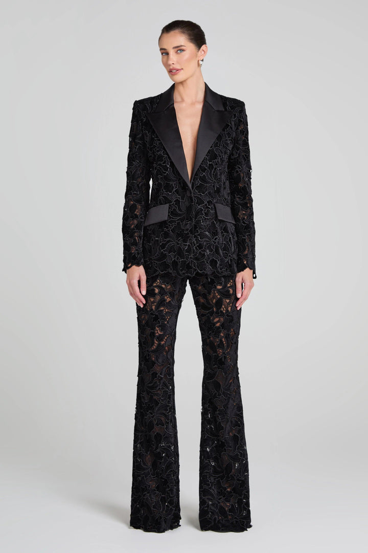 solovedress Black Lace Two-Piece Women’s Suit with Notch Lapel Blazer
