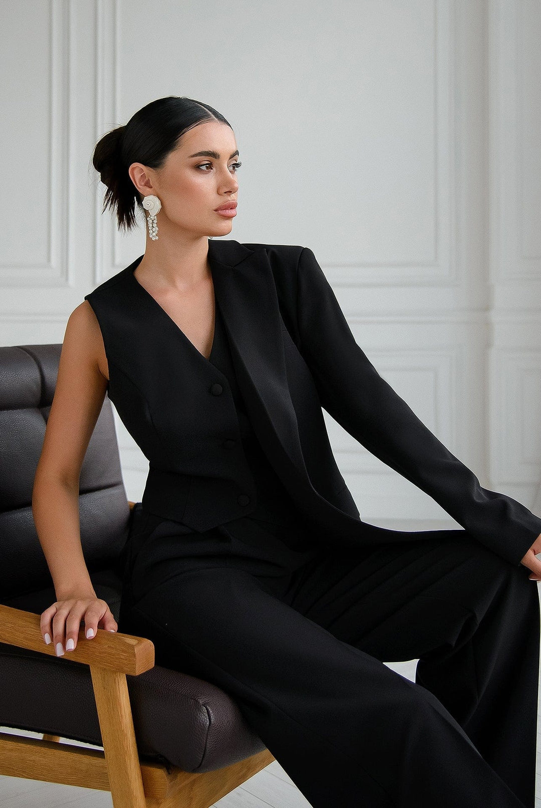 solovedress Black Women Three Piece Suit Blazer Vest and Pants Set