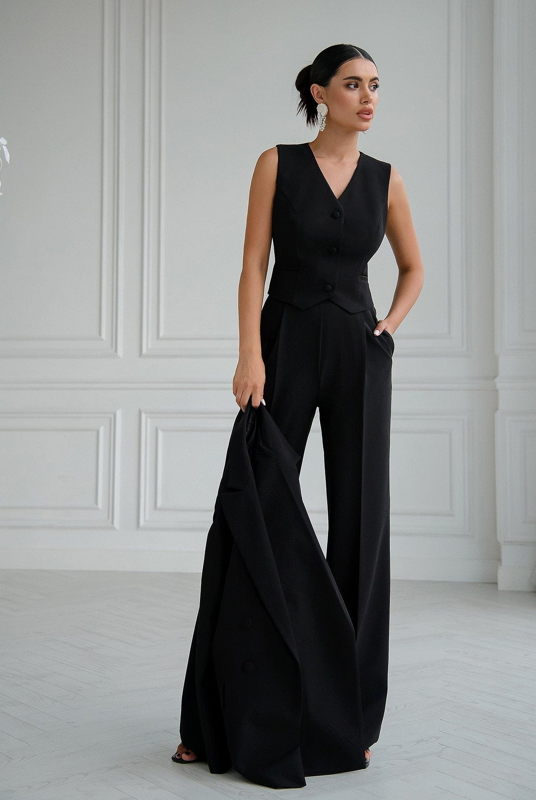 solovedress Black Women Three Piece Suit Blazer Vest and Pants Set