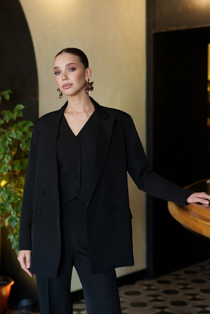 solovedress Black Women Three Piece Suit Blazer Vest and Pants Set