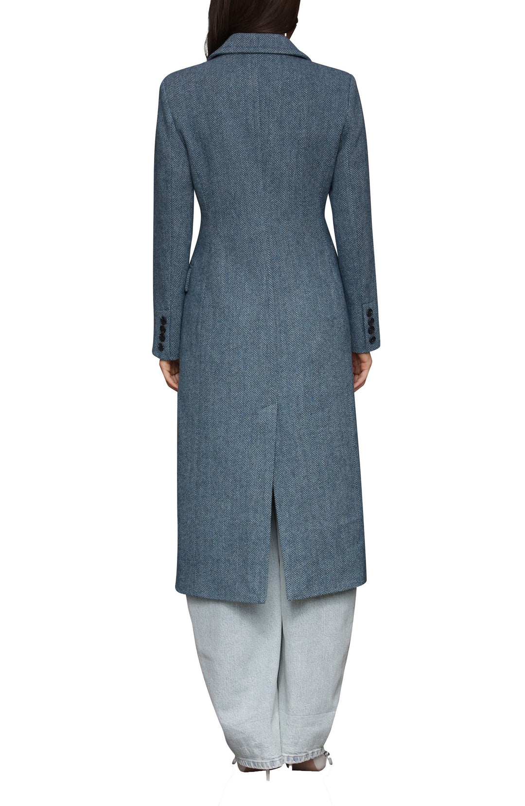 solovedress Blue Herringbone Double-Breasted Women Long Coat