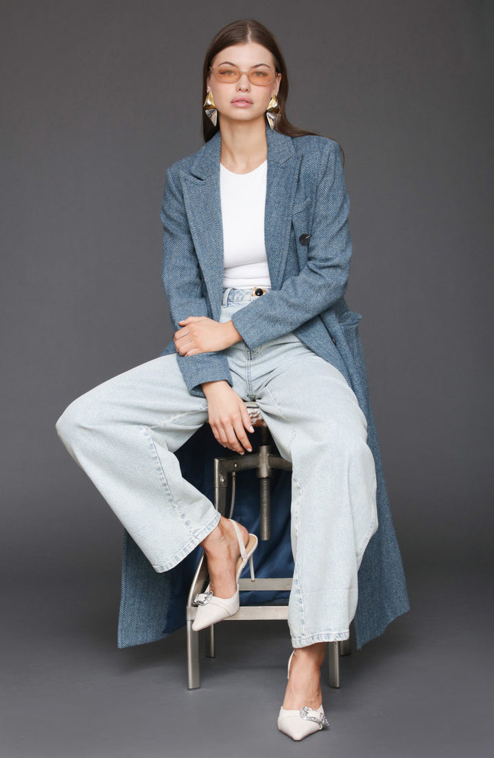 solovedress Blue Herringbone Double-Breasted Women Long Coat
