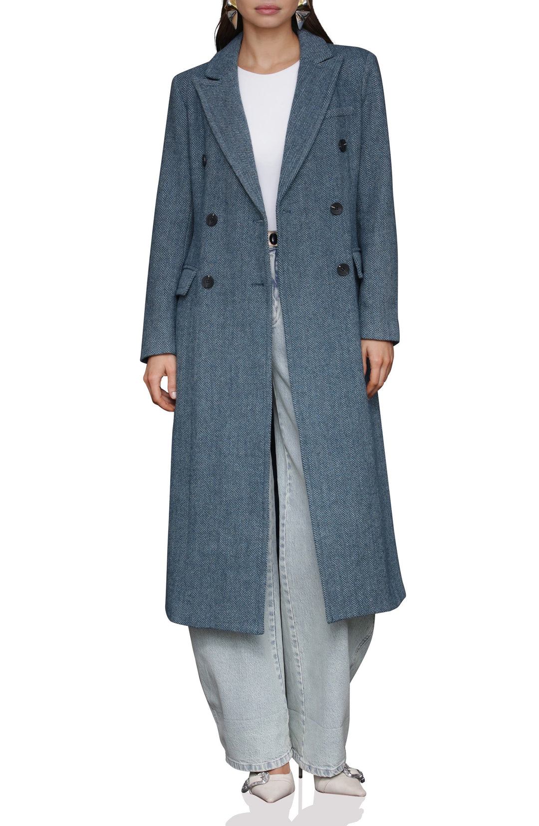 solovedress Blue Herringbone Double-Breasted Women Long Coat
