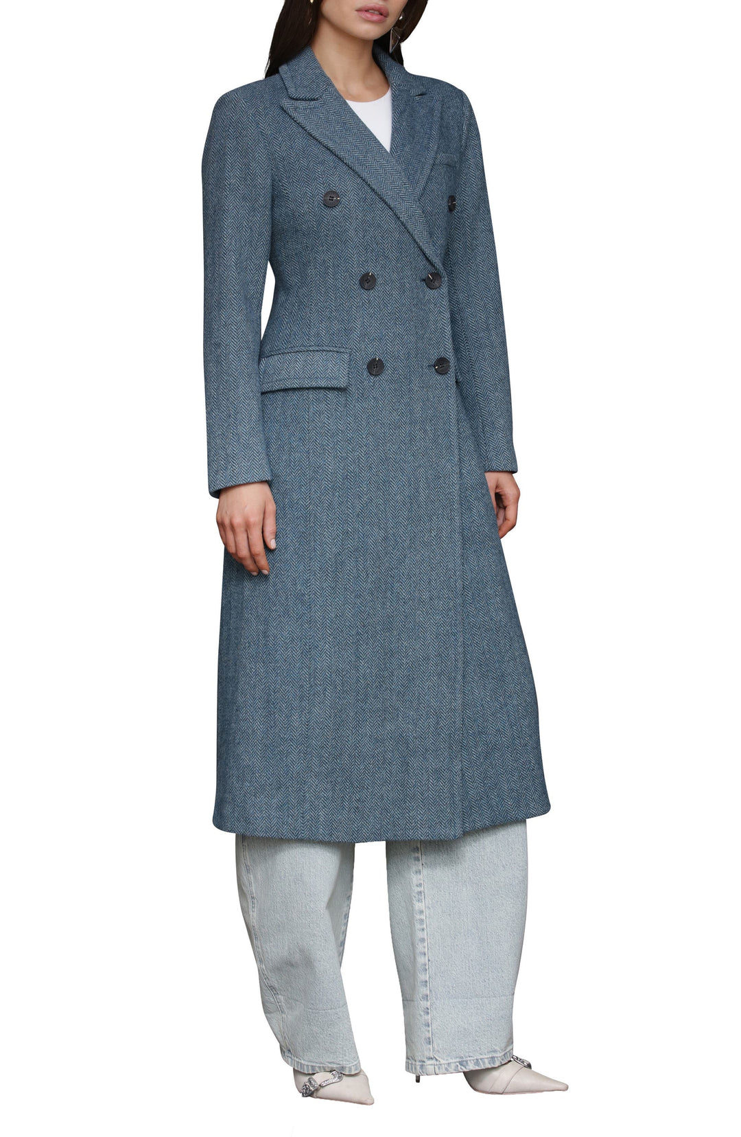 solovedress Blue Herringbone Double-Breasted Women Long Coat