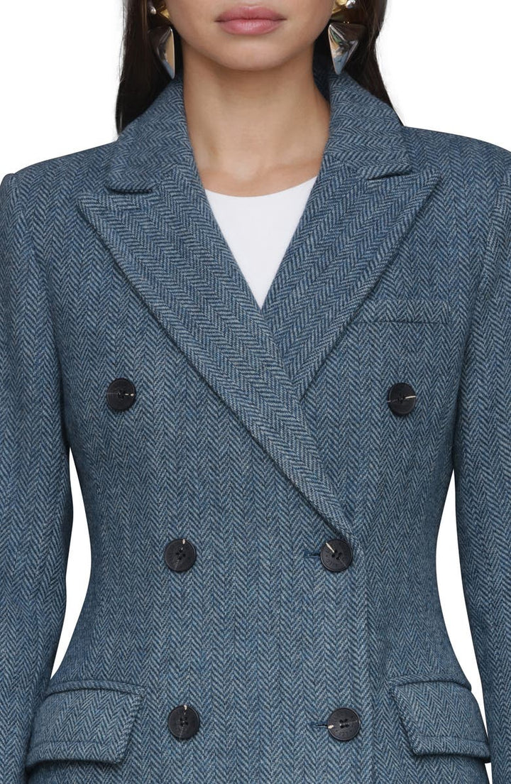 solovedress Blue Herringbone Double-Breasted Women Long Coat