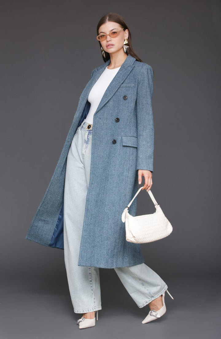 solovedress Blue Herringbone Double-Breasted Women Long Coat