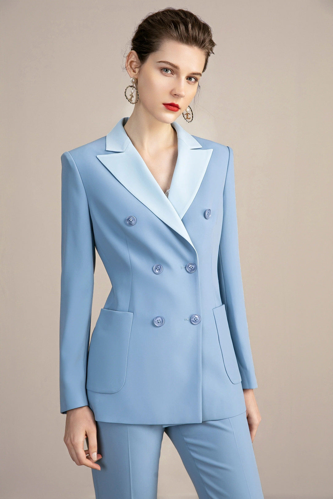 solovedress Blue Women's Suit 2 Piece Double Breasted Blazer and Pants