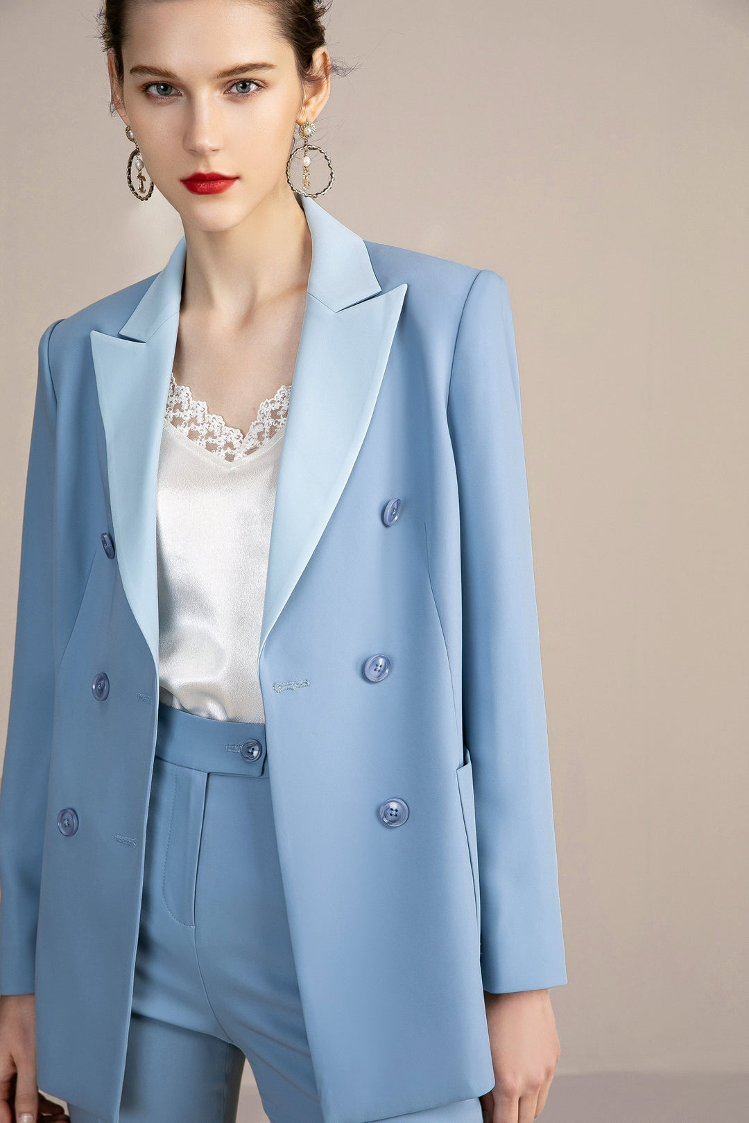 solovedress Blue Women's Suit 2 Piece Double Breasted Blazer and Pants