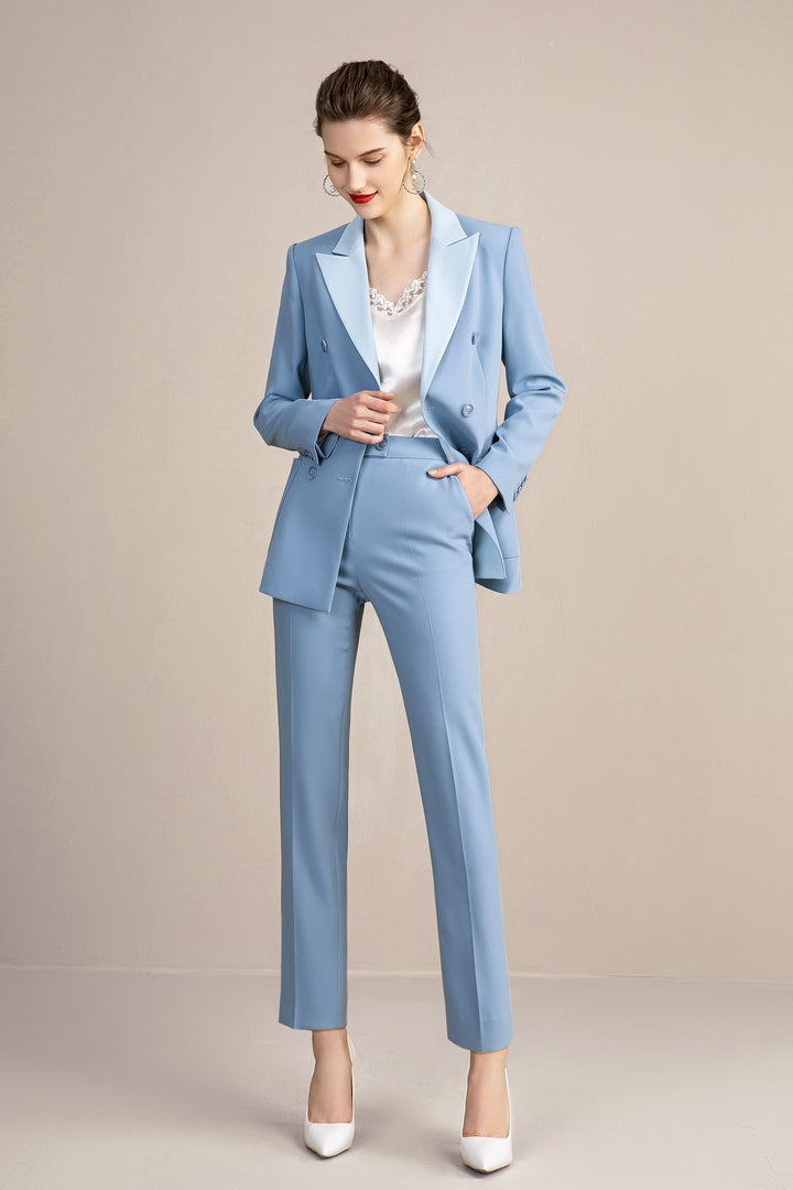 solovedress Blue Women's Suit 2 Piece Double Breasted Blazer and Pants