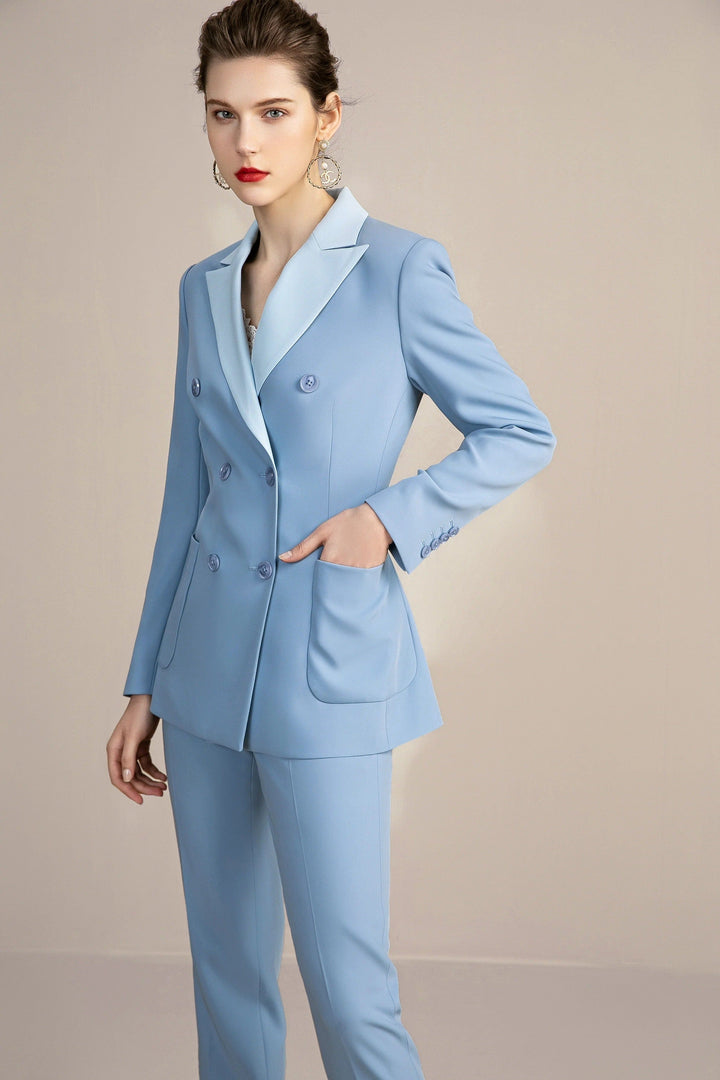 solovedress Blue Women's Suit 2 Piece Double Breasted Blazer and Pants