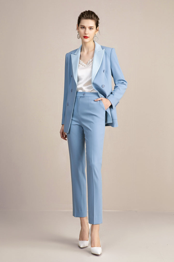 solovedress Blue Women's Suit 2 Piece Double Breasted Blazer and Pants