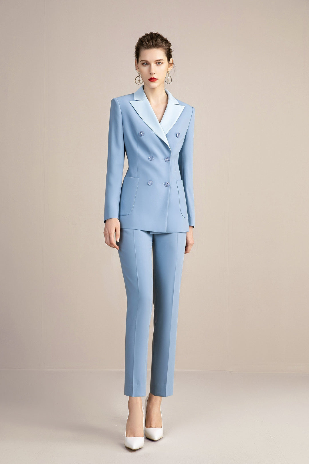 solovedress Blue Women's Suit 2 Piece Double Breasted Blazer and Pants