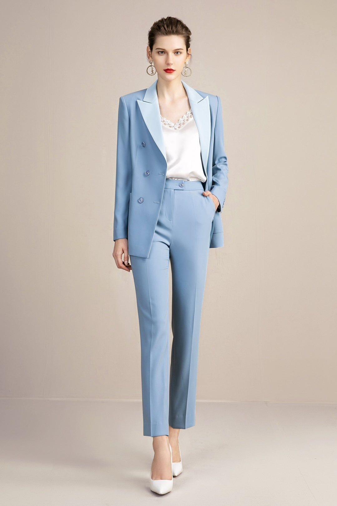 solovedress Blue Women's Suit 2 Piece Double Breasted Blazer and Pants