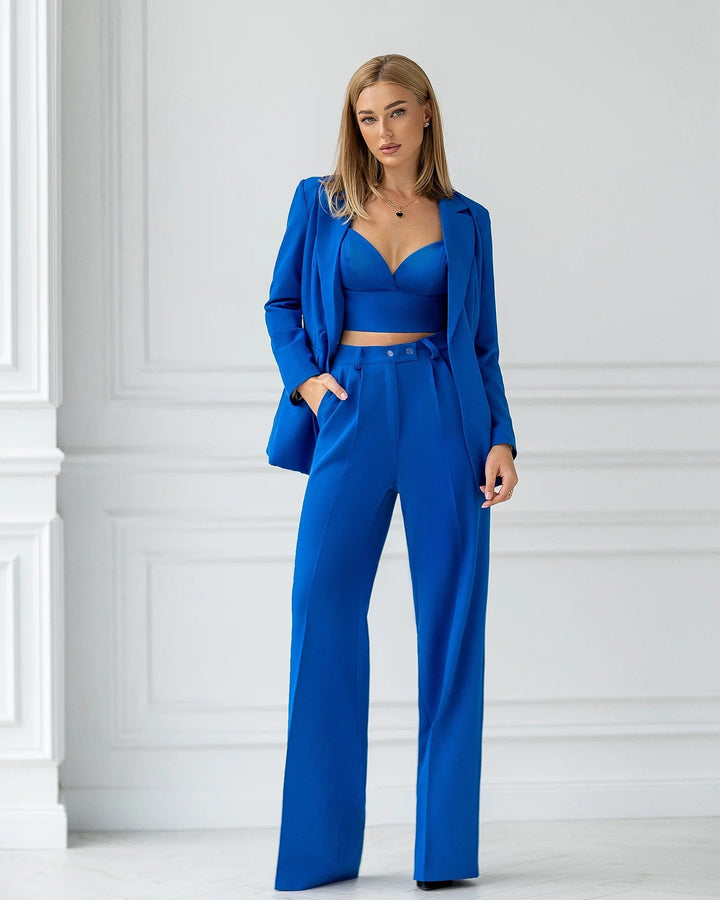 solovedress Blue Women Three Piece Suit Blazer Vest and Pants Set