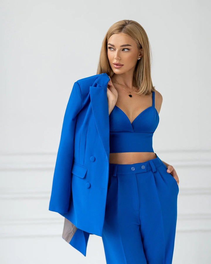solovedress Blue Women Three Piece Suit Blazer Vest and Pants Set