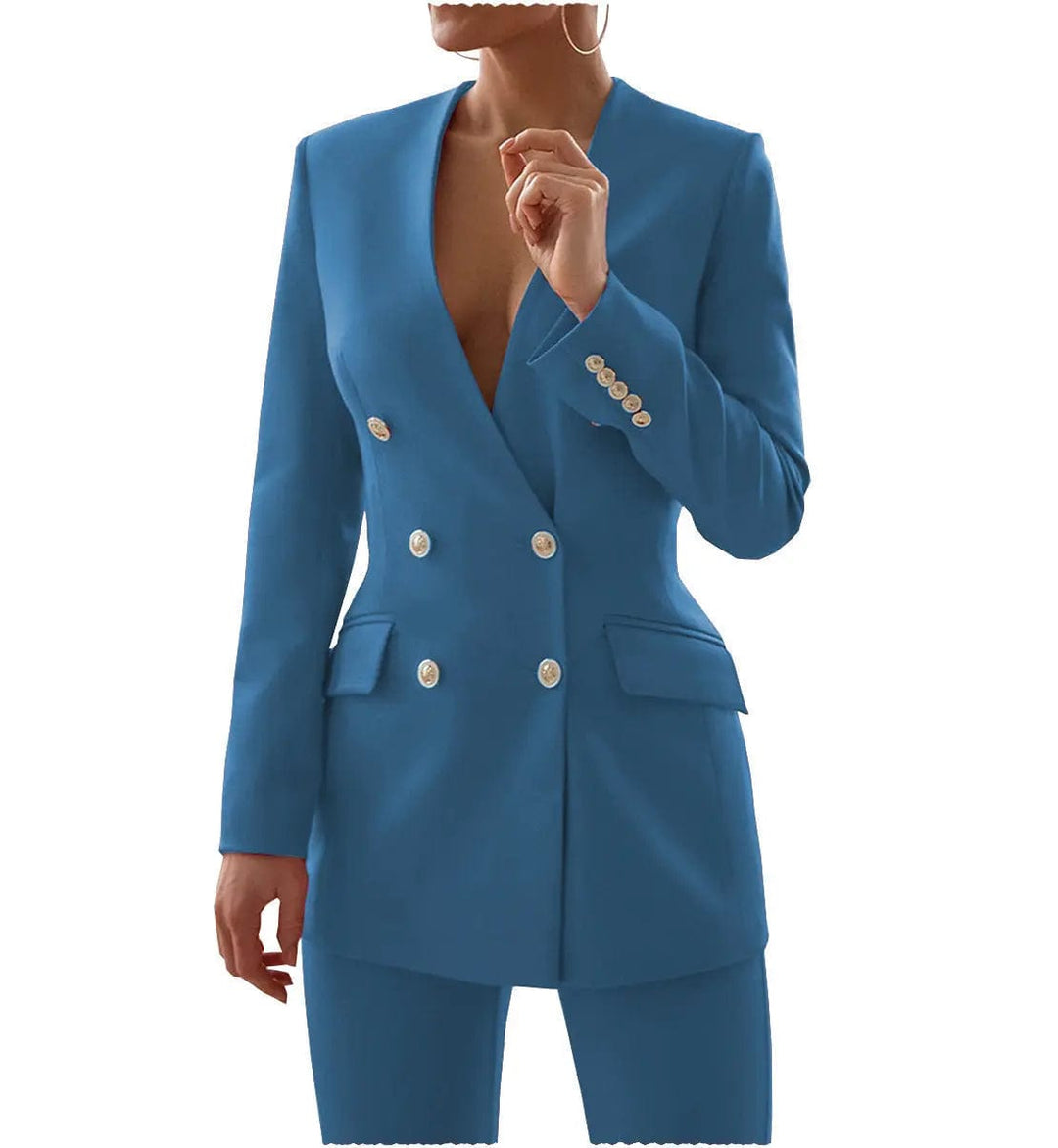 solovedress Double Breasted 6 Buttons V Neck Blazer 2 Pieces Women Suit