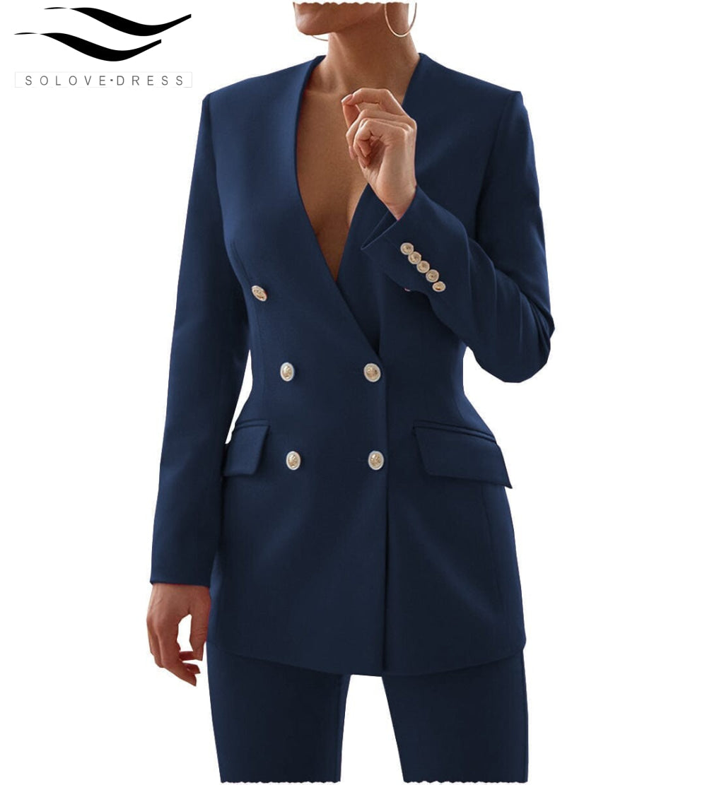 solovedress Double Breasted 6 Buttons V Neck Blazer 2 Pieces Women Suit