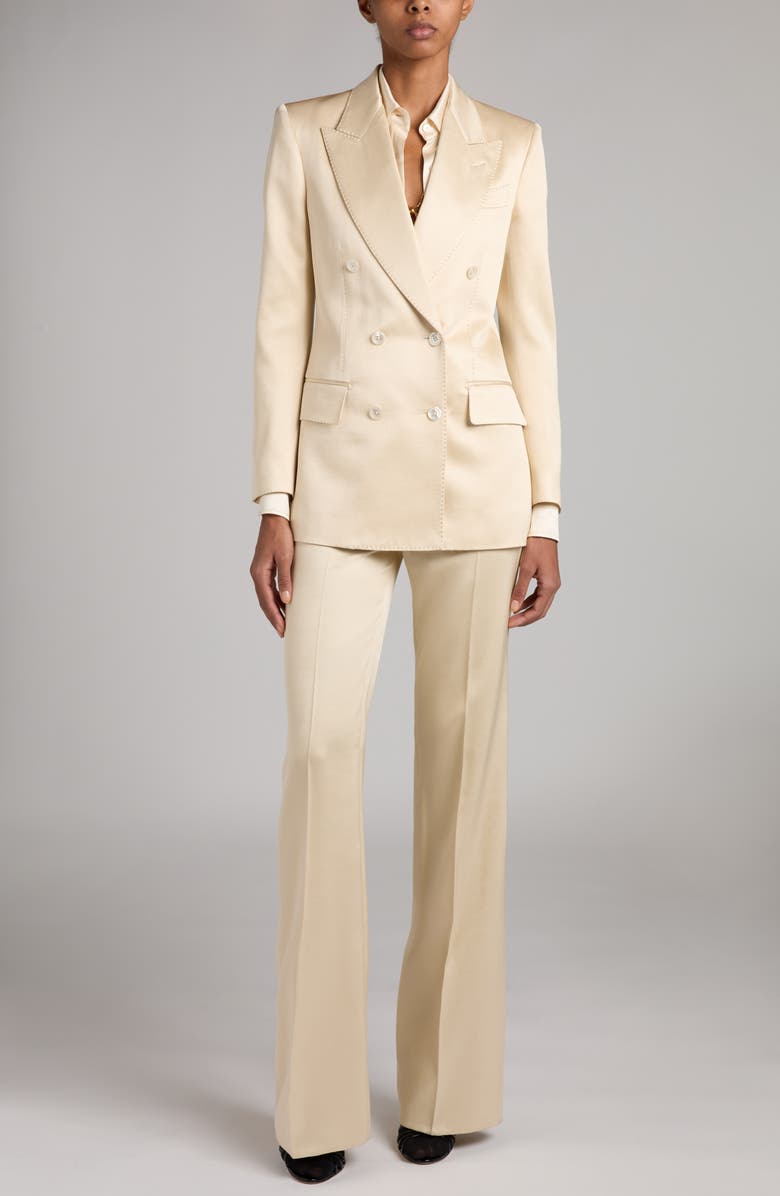 solovedress Elegant Champagne Double-Breasted Satin Women’s Suit Set (Blazer + Pants)