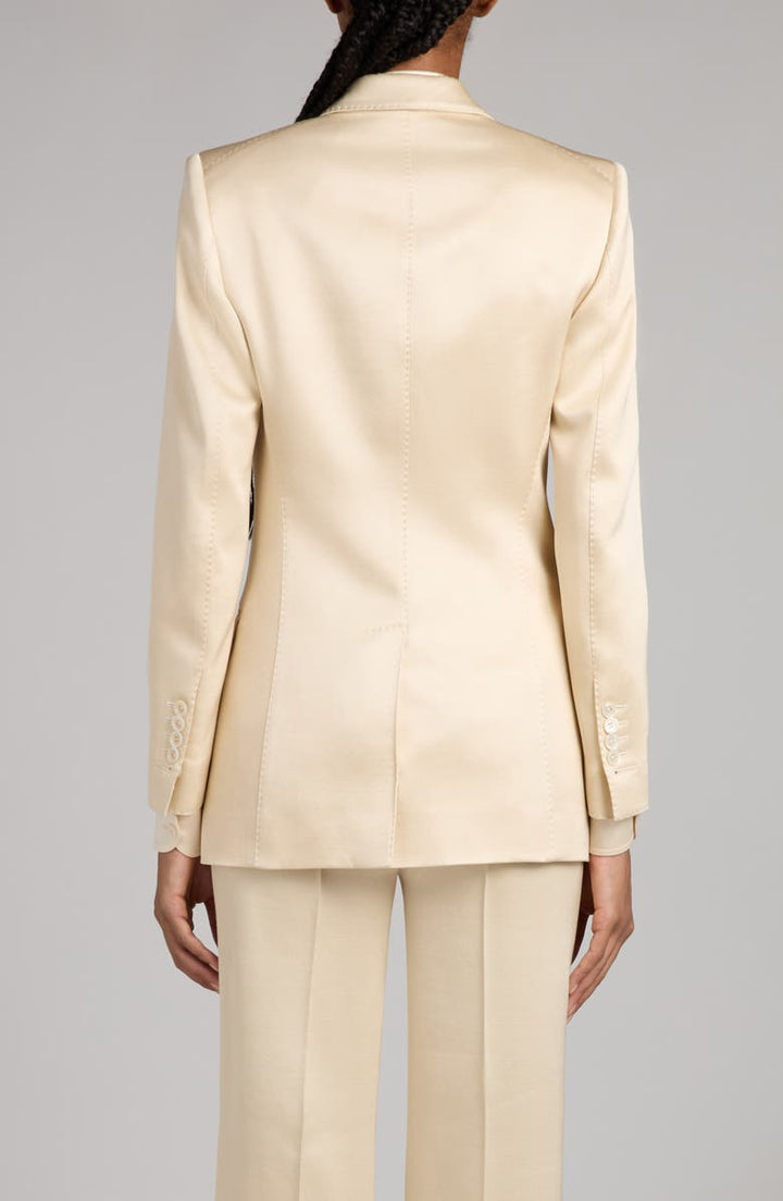 solovedress Elegant Champagne Double-Breasted Satin Women’s Suit Set (Blazer + Pants)