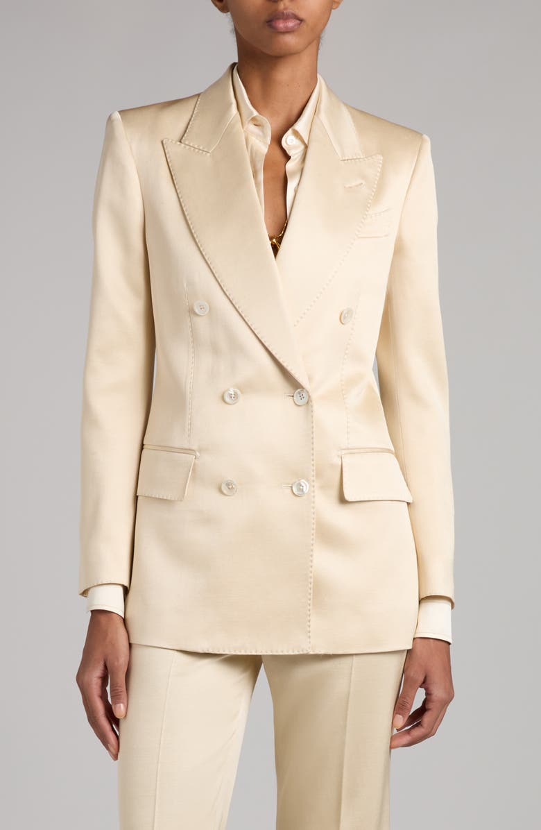 solovedress Elegant Champagne Double-Breasted Satin Women’s Suit Set (Blazer + Pants)