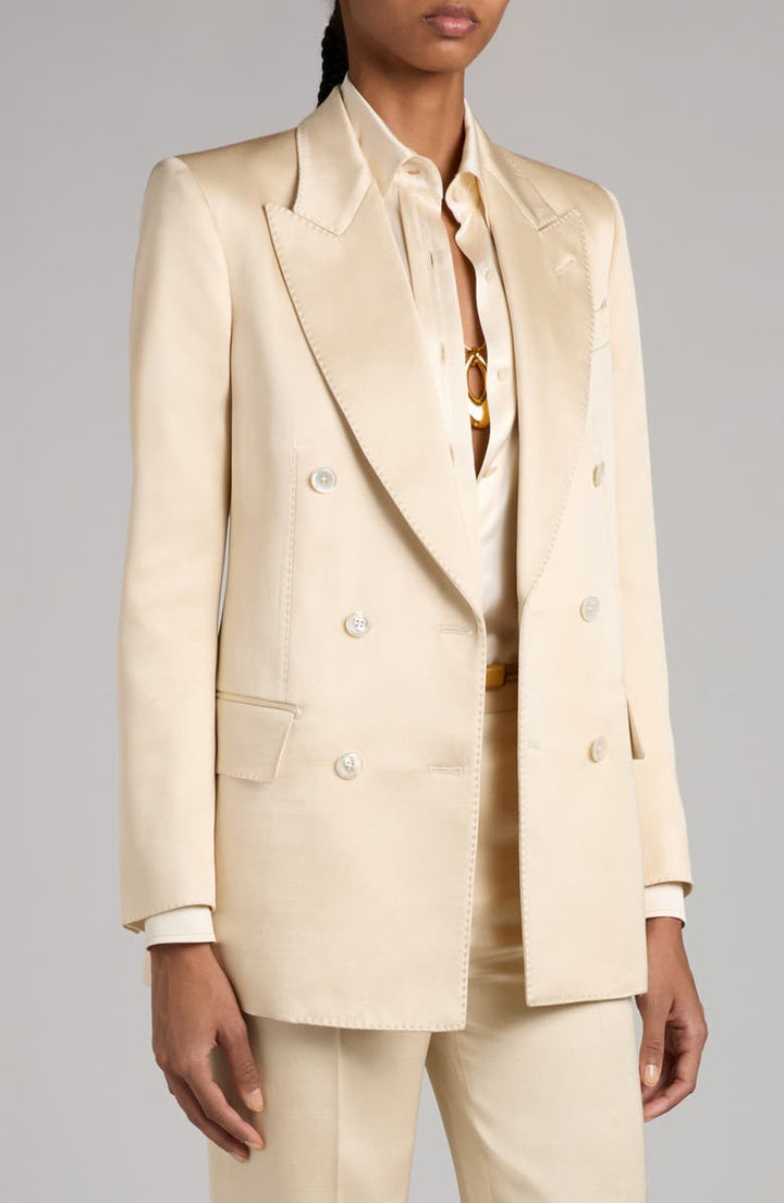 solovedress Elegant Champagne Double-Breasted Satin Women’s Suit Set (Blazer + Pants)
