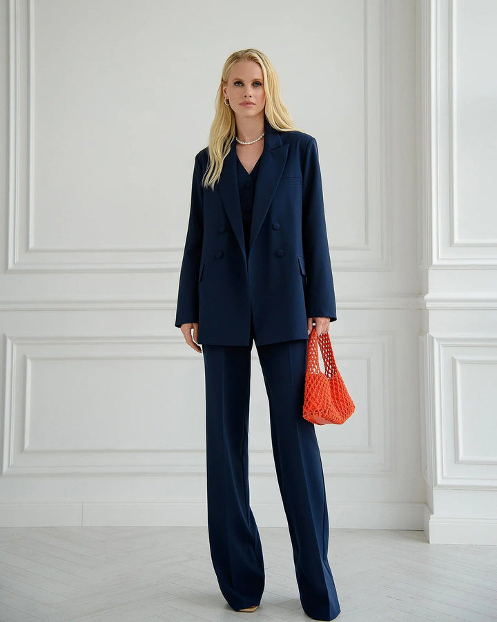 solovedress Elegant Navy Blue Three Piece Suit for Women Including Blazer Vest and Pants