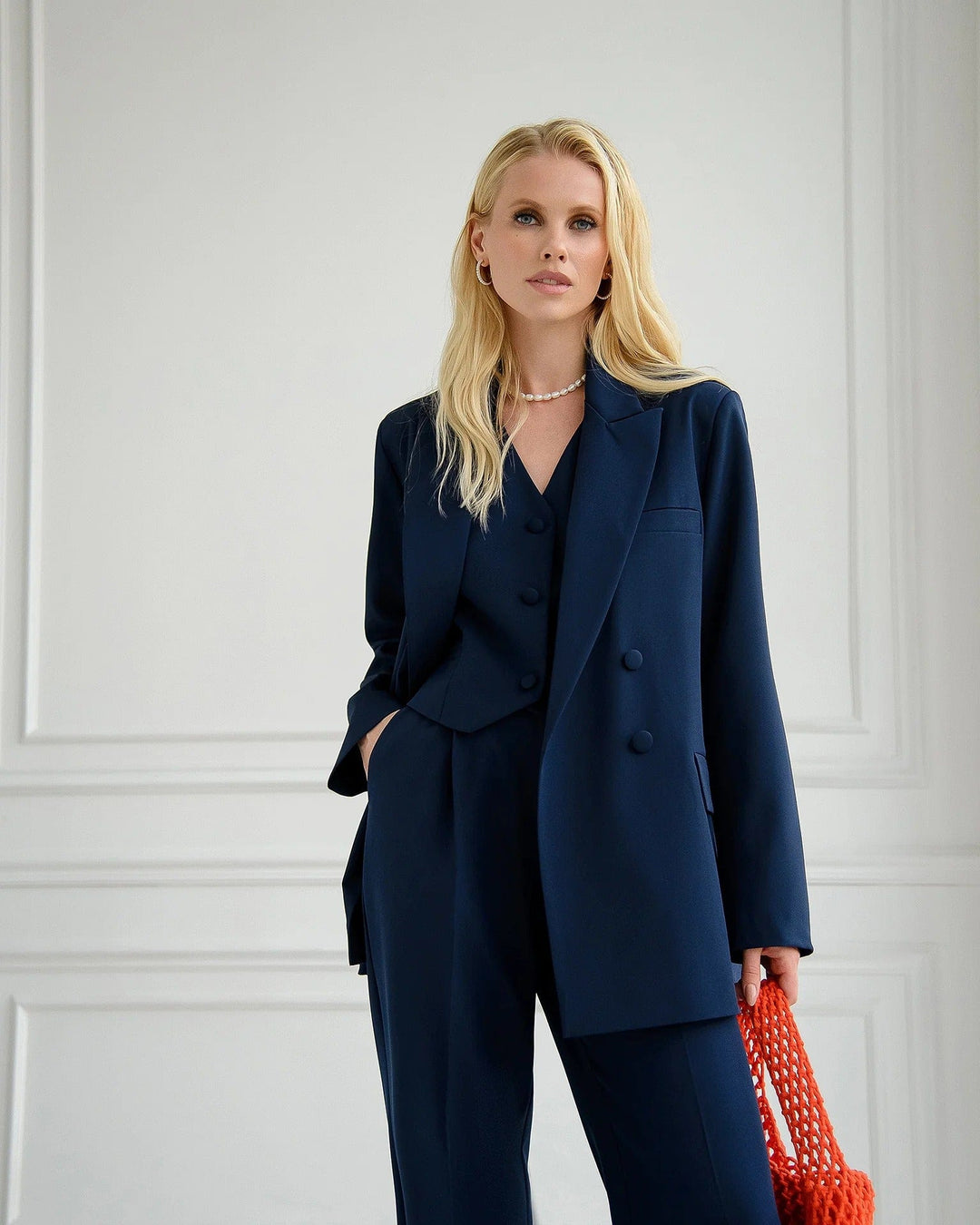 solovedress Elegant Navy Blue Three Piece Suit for Women Including Blazer Vest and Pants