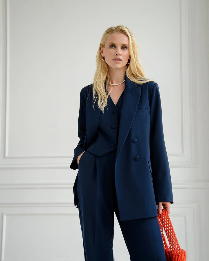 solovedress Elegant Navy Blue Three Piece Suit for Women Including Blazer Vest and Pants
