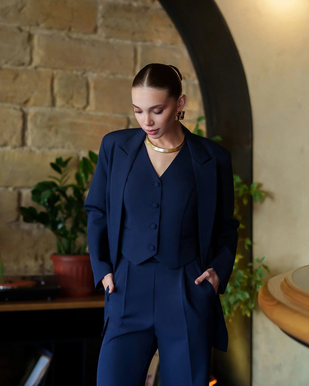 solovedress Elegant Navy Blue Three Piece Suit for Women Including Blazer Vest and Pants