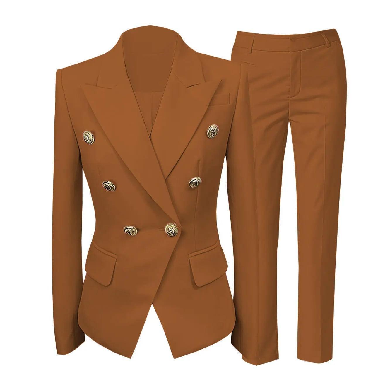 Double Button Fashion Double Buttons Flat 2 Pieces Women Suit (Blazer+Pants ...