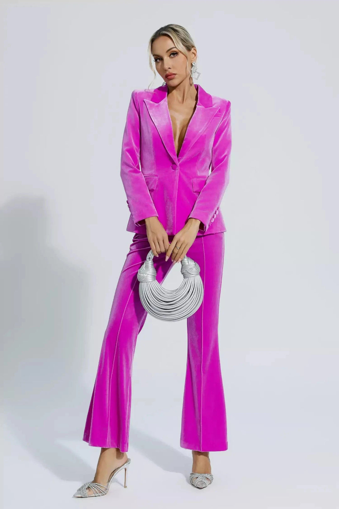 solovedress Fuchsia 2 Piece Velvet Single Buttons Business Slim Fit Women Suit