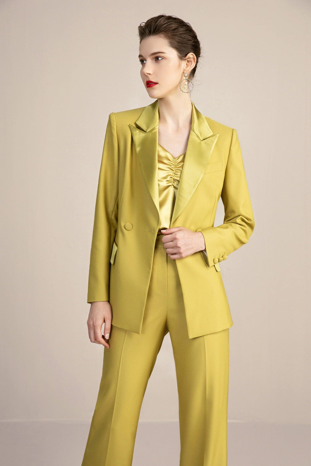 solovedress Gold 2 Piece Double Breasted Slim Fit Satin Collar Women Suit (Blazer+Pants)